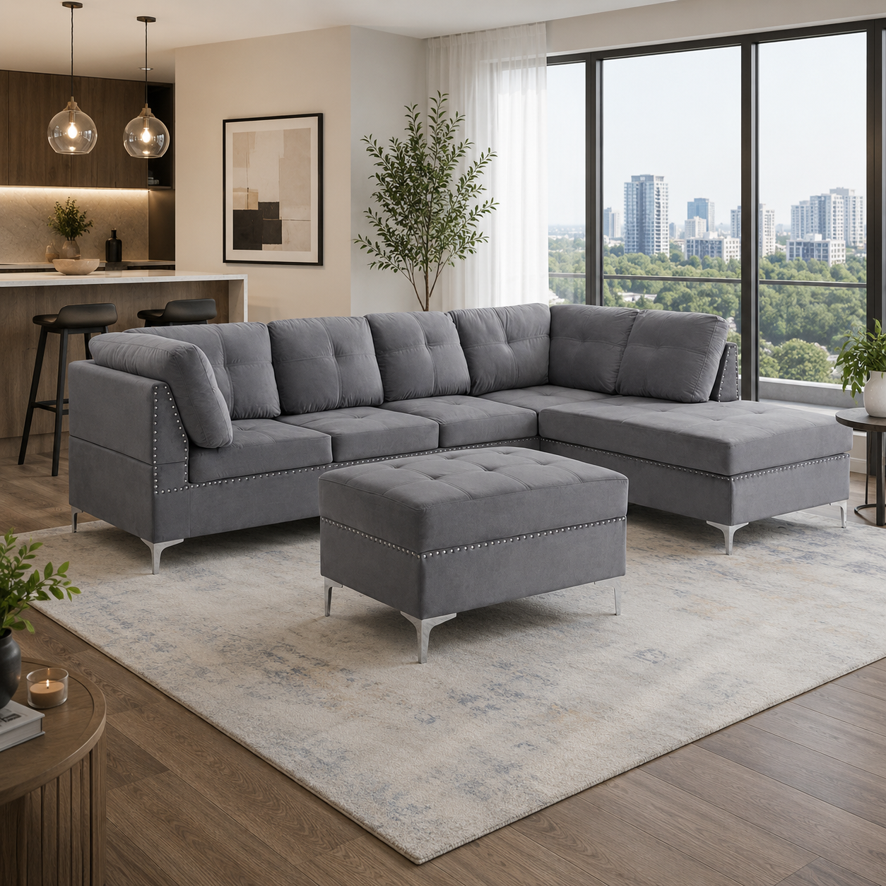 T1233 Sectional Sofa Grey Velvet with Storage Ottoman – FurniturCa Canada
