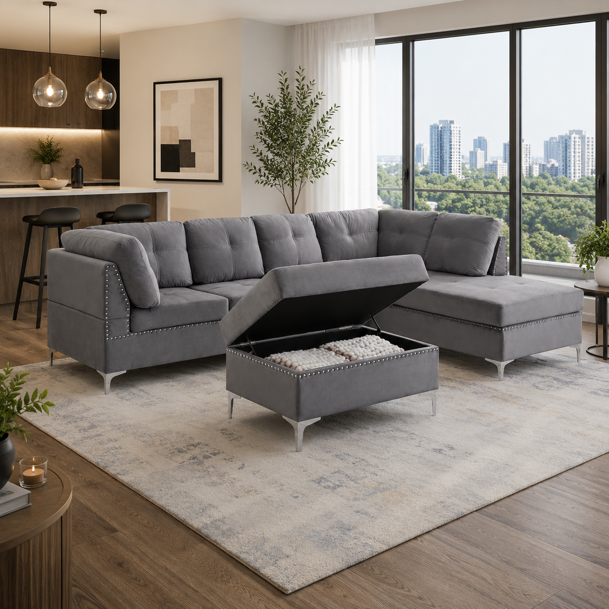 T1233 Sectional Sofa Grey Velvet – Angle View | FurniturCa Canada