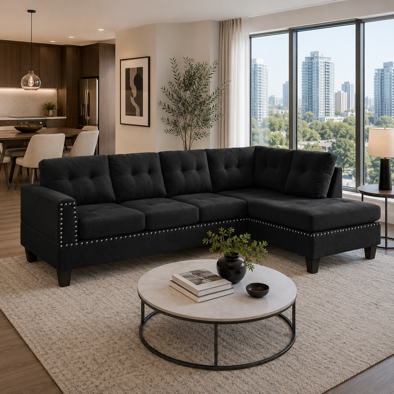 T1234 Reversible Sectional Sofa Black with Button Tufting – FurniturCa Canada