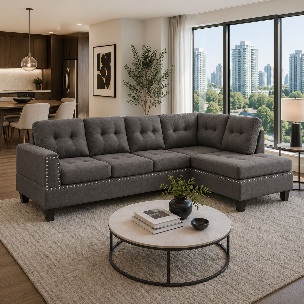 T1234 Reversible Sectional Sofa Grey Linen Button Tufting – FurniturCa Canada