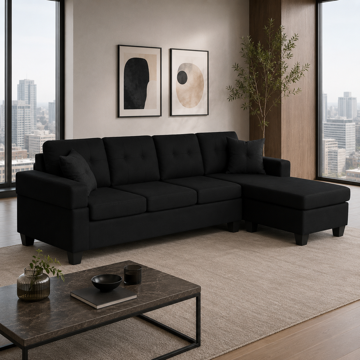 T1239 Reversible Chaise Sectional Sofa Black Linen – FurniturCa Canada