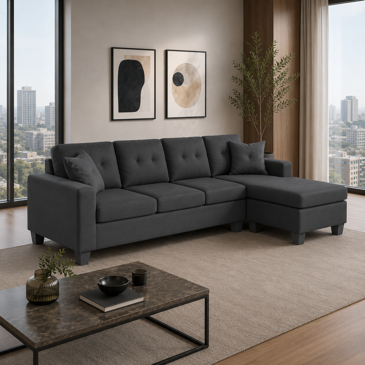 T1239 Reversible Chaise Sectional Sofa Grey Linen 93W – FurniturCa Canada