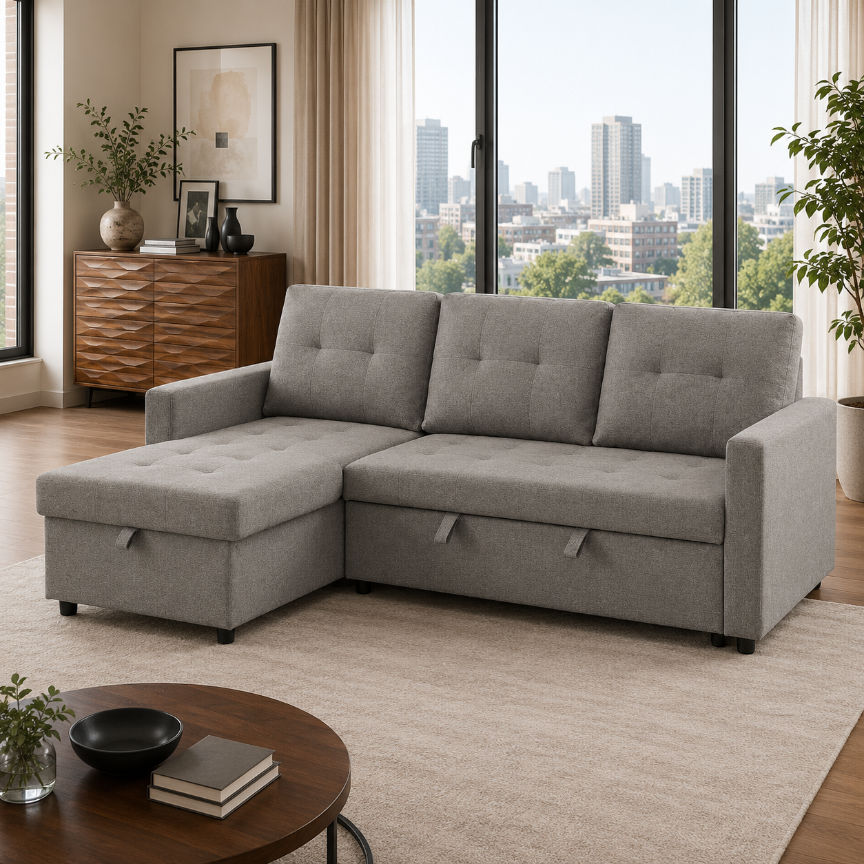 T1245 Reversible Pull-Out Sofa Sectional with Storage Grey – FurniturCa Canada