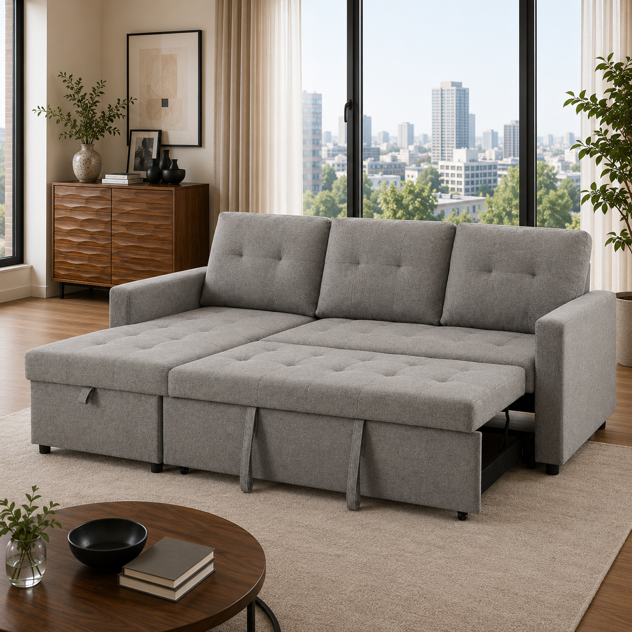 T1245 Pull-Out Sofa Sectional Side View Grey – FurniturCa Canada