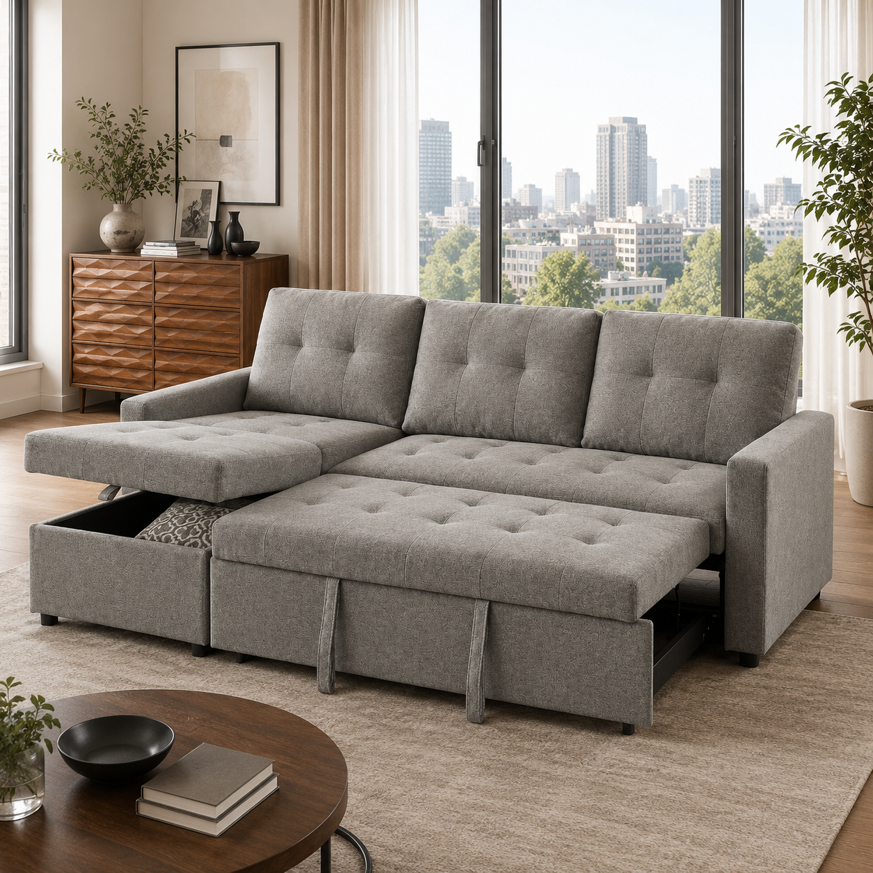 T1245 Sofa Sectional Pull-Out Bed View Grey – FurniturCa Canada