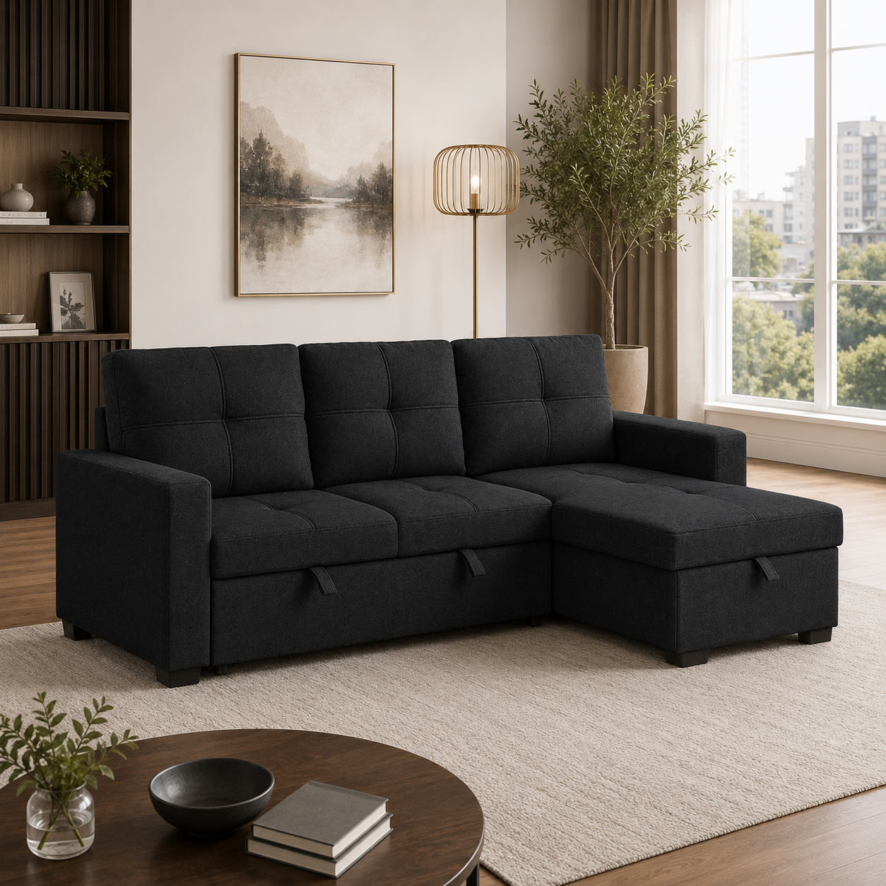 T1247 Pull-Out Sofa Sectional Black – Sleeper Sofa Canada | FurniturCa