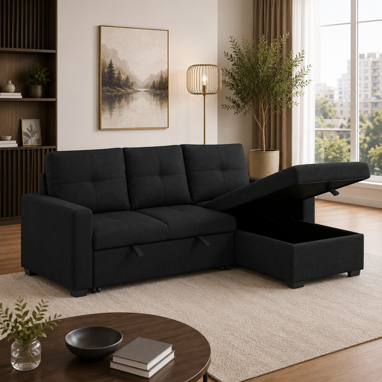 T1247 Pull-Out Sofa Sectional Black Angle View – FurniturCa Canada