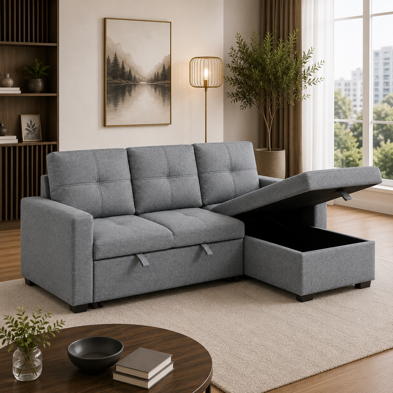 T1247 Pull-Out Sofa Sectional Grey Angle View – FurniturCa Canada