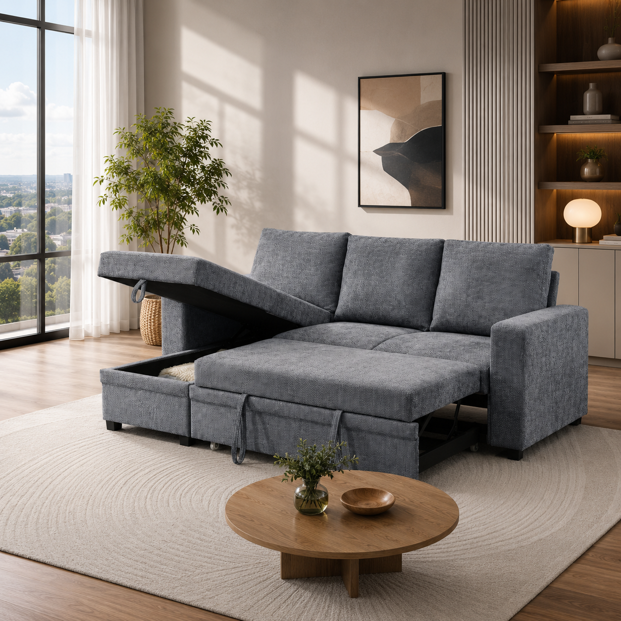 T1248 Reversible Pull-Out Sofa Bed with Storage Ottoman – Charcoal or Grey Chenille