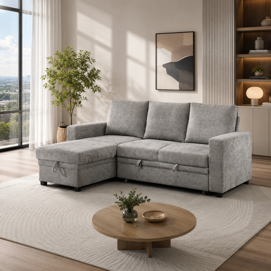 T1248 Reversible Pull-Out Sofa Bed with Storage Ottoman – Charcoal or Grey Chenille