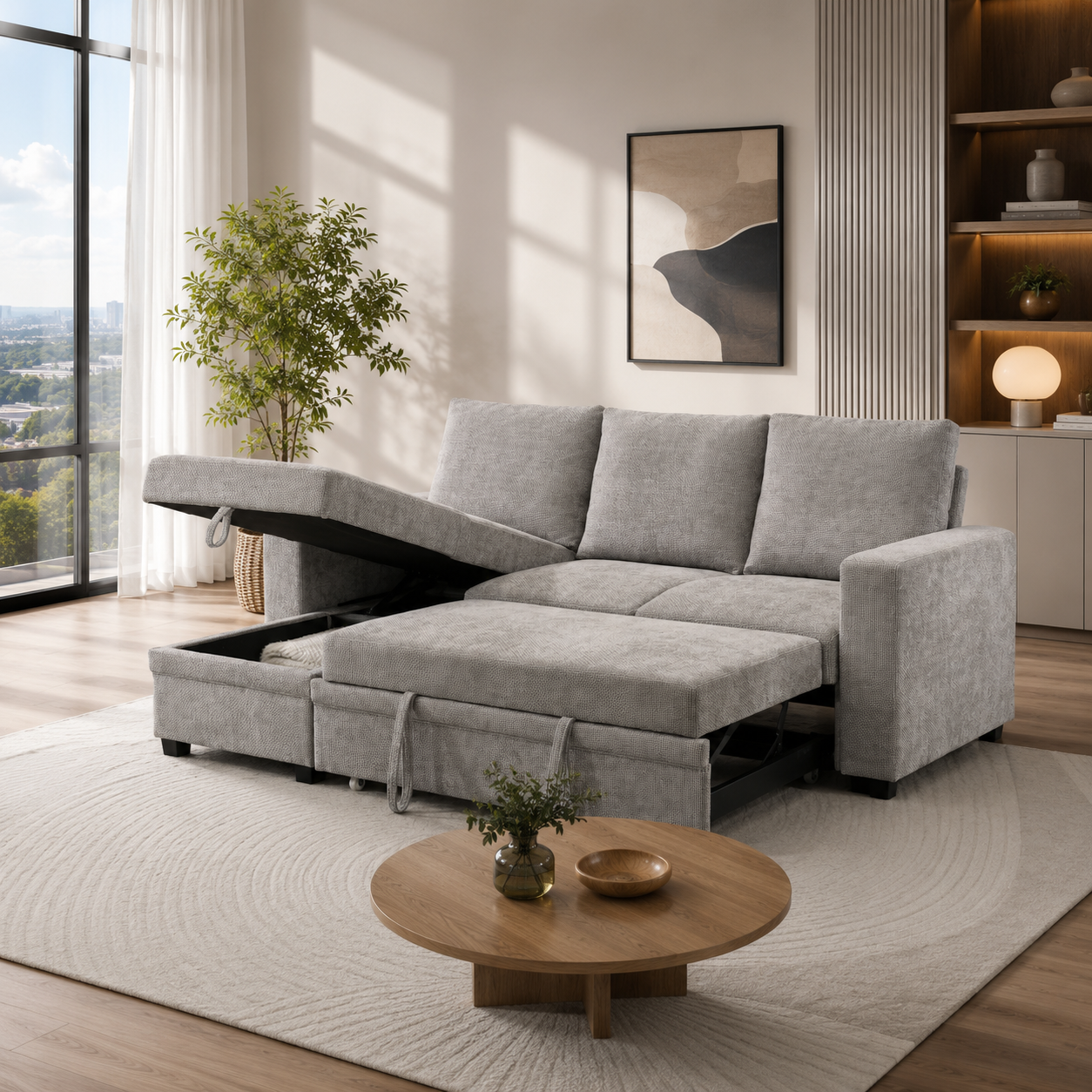 T1248 Reversible Pull-Out Sofa Bed with Storage Ottoman – Charcoal or Grey Chenille