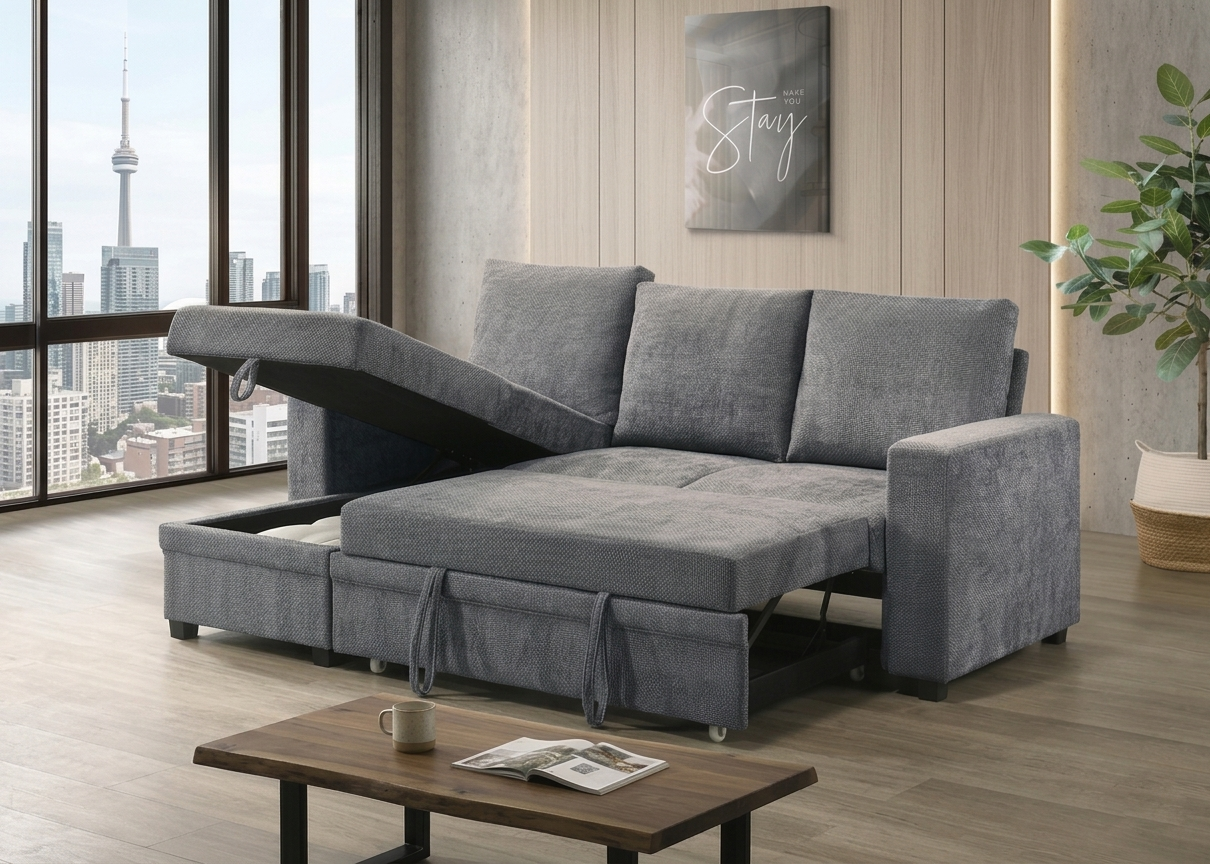 T1248 charcoal grey chenille sofa bed converted to full-size bed – pull-out open position