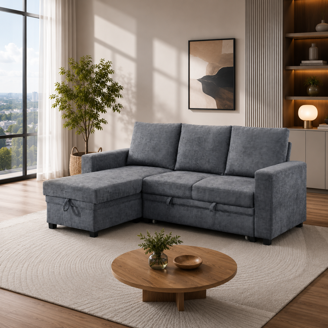 T1248 Reversible Pull-Out Sofa Bed with Storage Ottoman – Charcoal or Grey Chenille