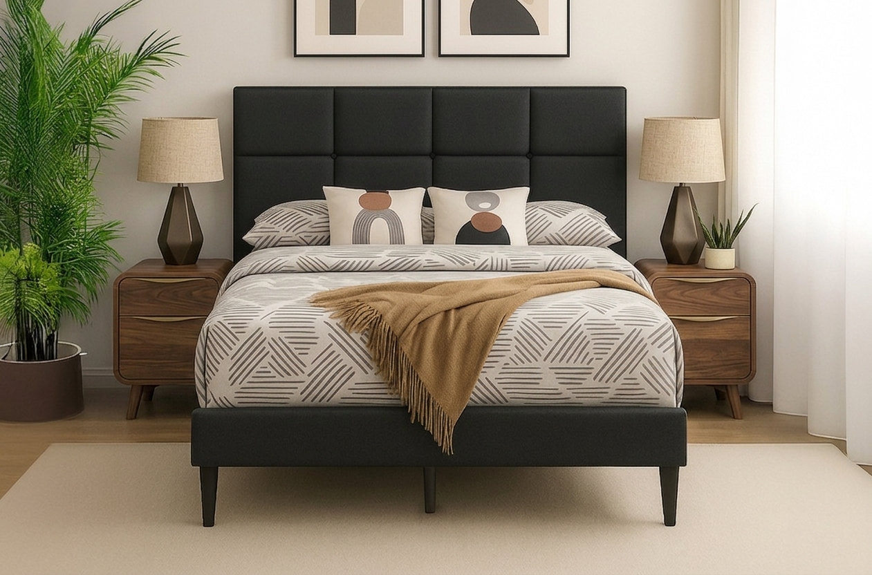 T2102 charcoal grey linen platform bed – side angle with adjustable headboard raised