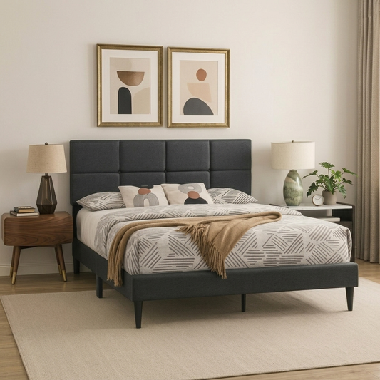 T2102 Linen Platform Bed – Adjustable Headboard, Charcoal or Grey, Queen
