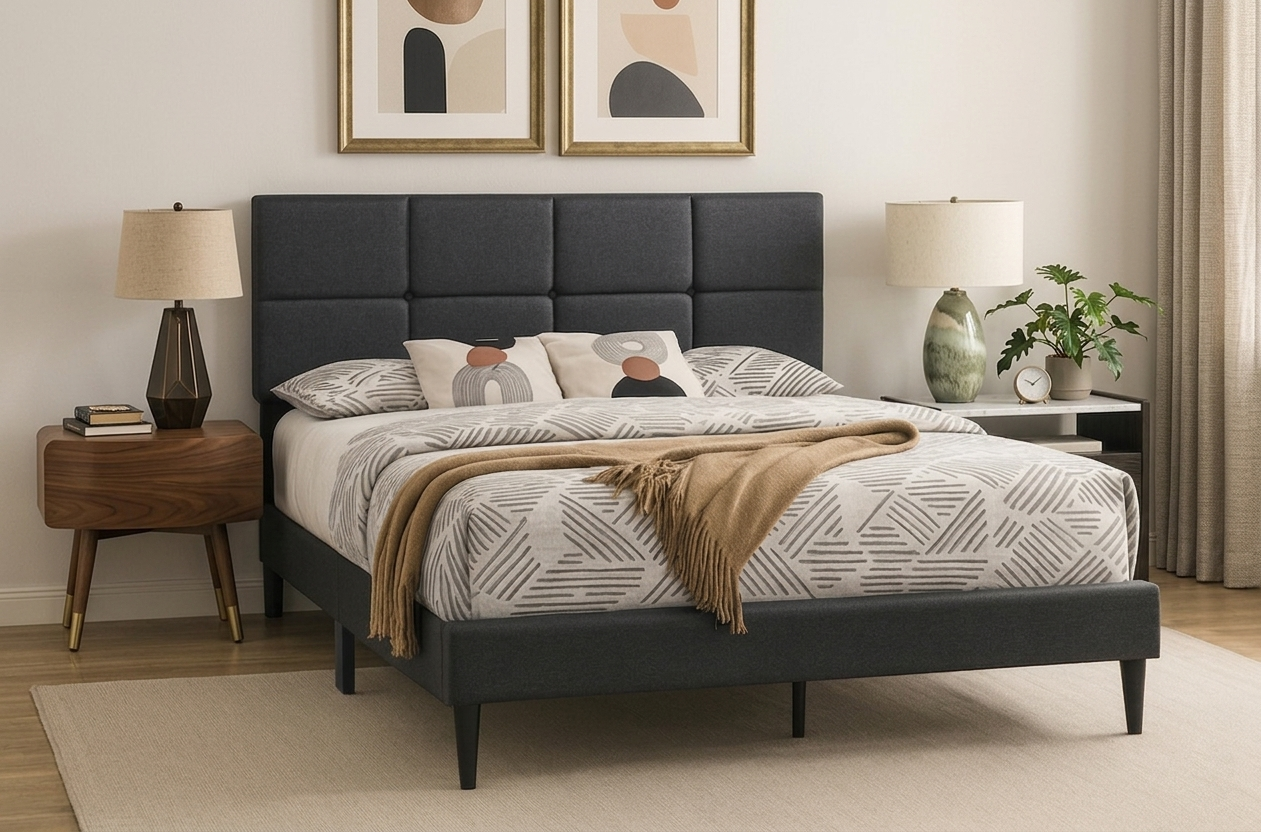 T2102 platform bed in charcoal grey linen with adjustable headboard, queen size