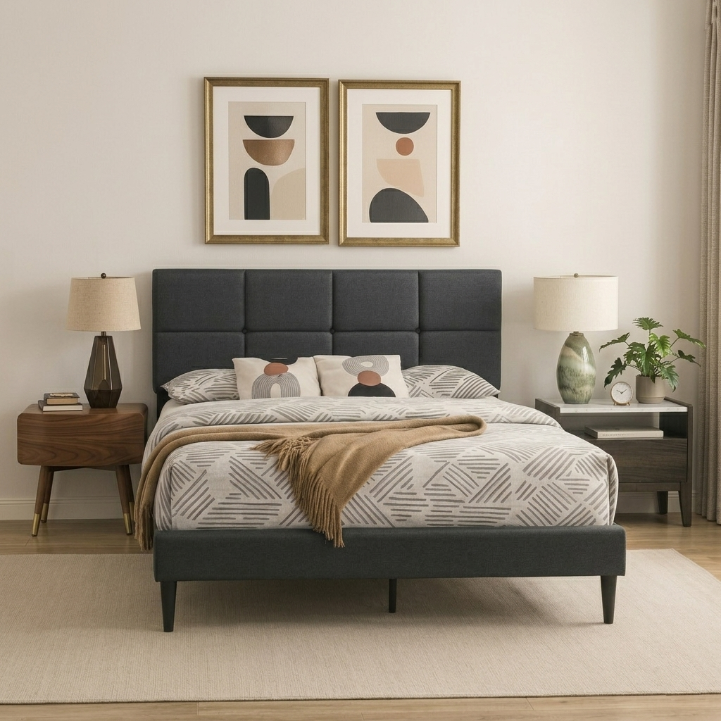 T2102 Minimalist Linen Platform Bed – Adjustable Headboard, Queen