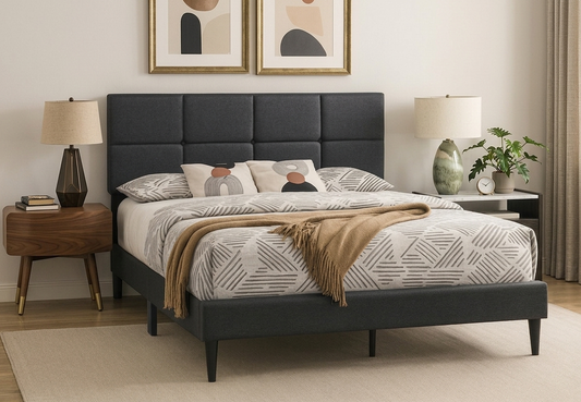 T2102 Linen Platform Bed – Adjustable Headboard, Charcoal or Grey, Queen