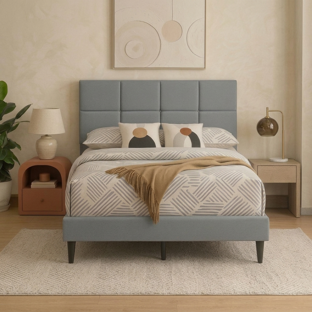 T2102 Minimalist Linen Platform Bed – Adjustable Headboard, Queen