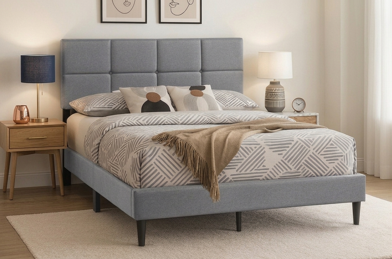 T2102 platform bed in grey linen with adjustable headboard, queen size