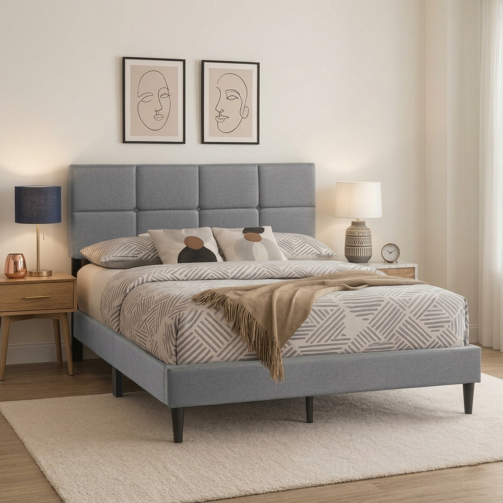 T2102 Minimalist Linen Platform Bed – Adjustable Headboard, Queen