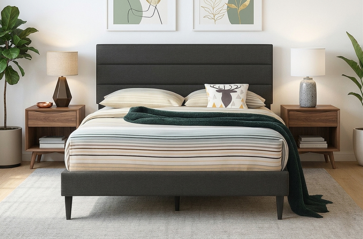 T2103 charcoal grey linen platform bed – side angle with adjustable headboard raised
