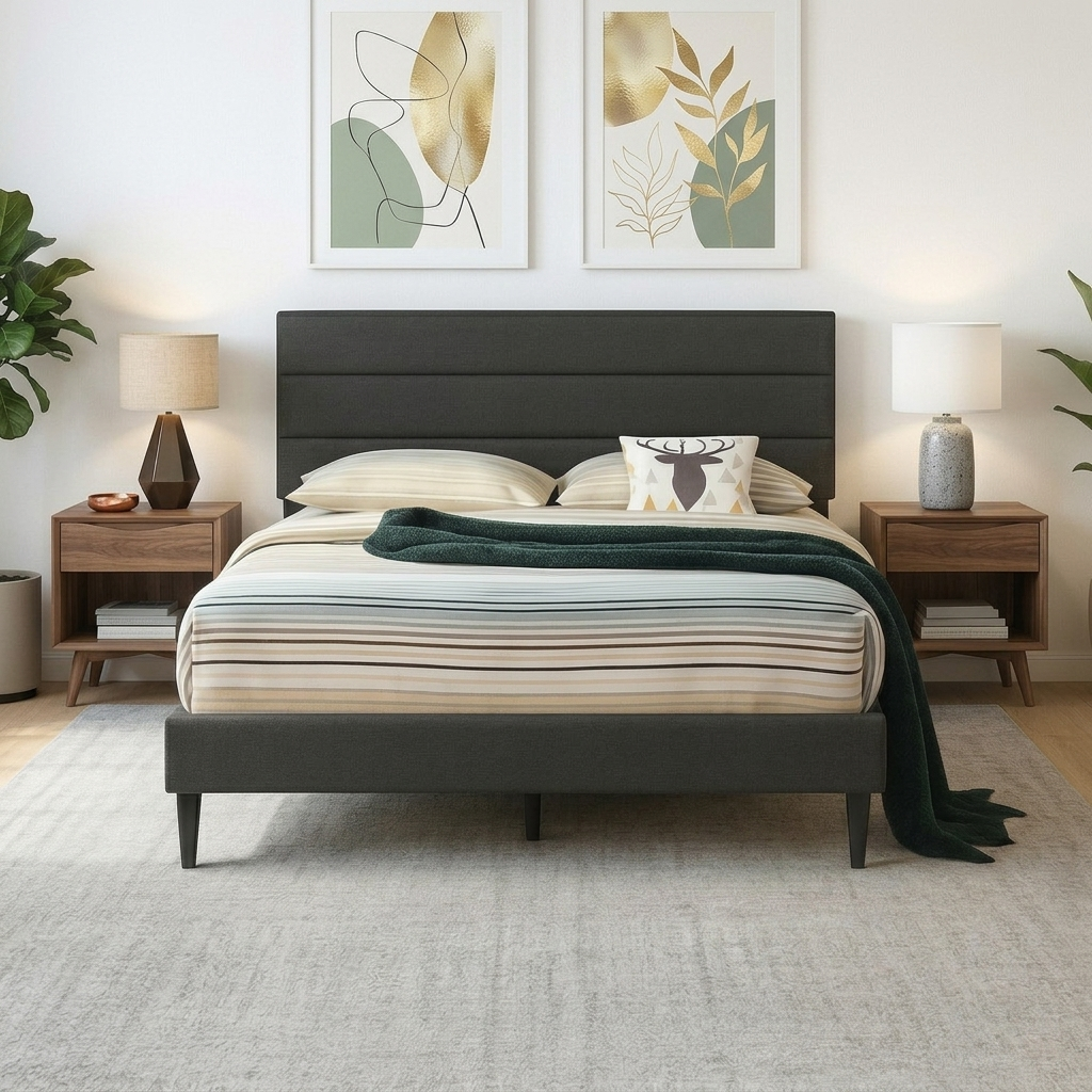 T2103 Linen Platform Bed – Adjustable Headboard, Charcoal or Grey, Queen