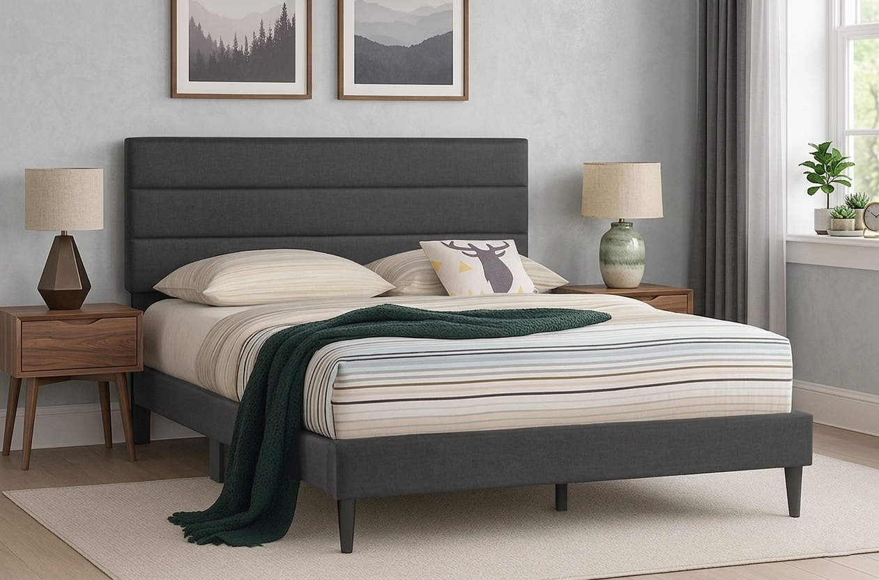 T2103 platform bed in charcoal grey linen with adjustable headboard, queen size