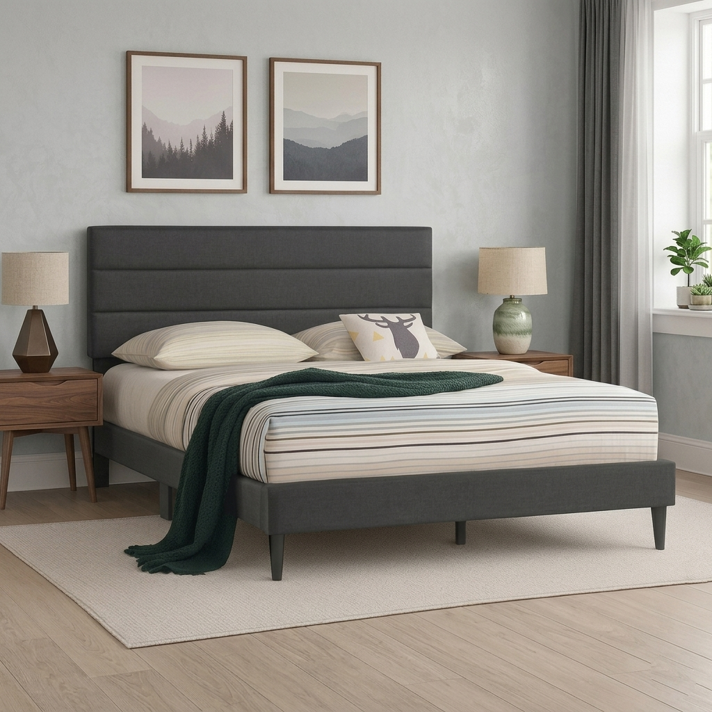 T2103 Linen Platform Bed – Adjustable Headboard, Charcoal or Grey, Queen