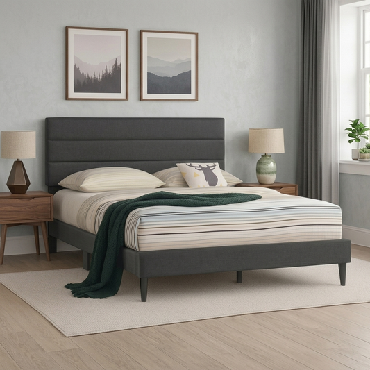 T2103 Linen Platform Bed – Adjustable Headboard, Charcoal or Grey, Queen