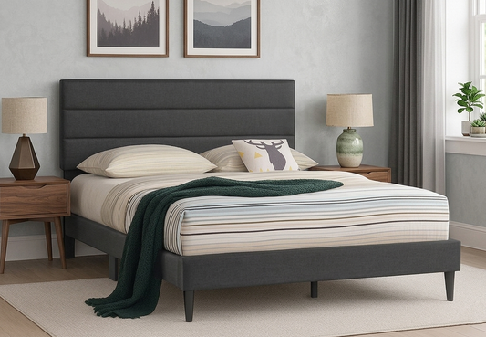 T2103 Linen Platform Bed – Adjustable Headboard, Charcoal or Grey, Queen