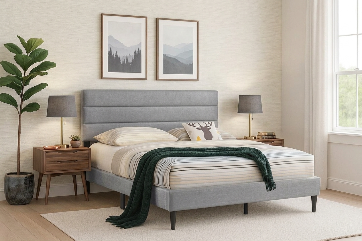 T2103 platform bed in grey linen with adjustable headboard, queen size
