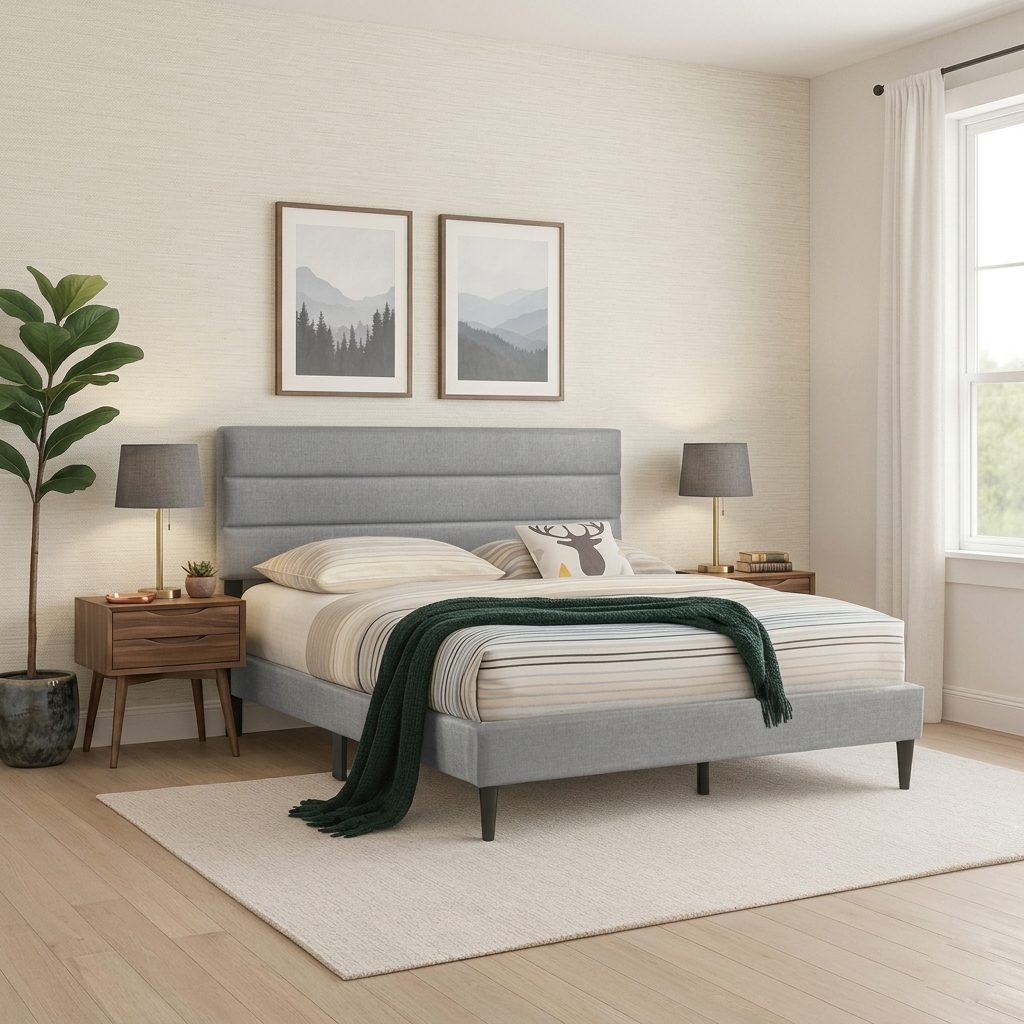 T2103 Linen Platform Bed – Adjustable Headboard, Charcoal or Grey, Queen