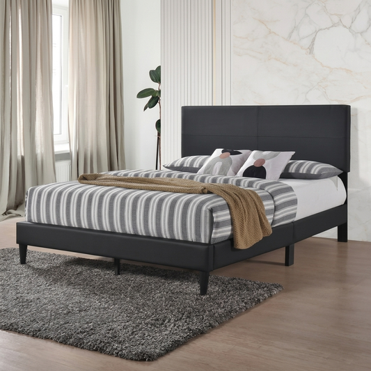 T2105 Faux Leather or Linen Platform Bed – Black or Grey, Full/Queen/King