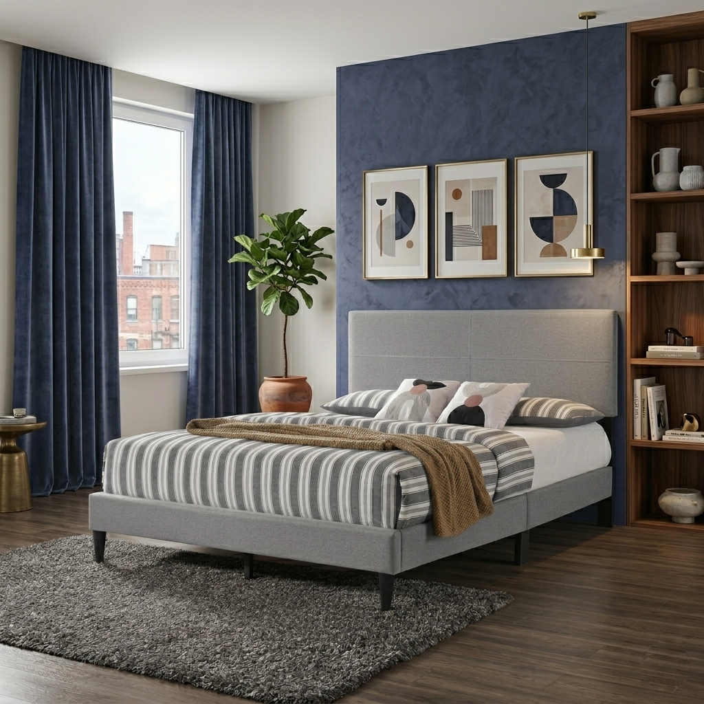 T2105 Faux Leather or Linen Platform Bed – Black or Grey, Full/Queen/King