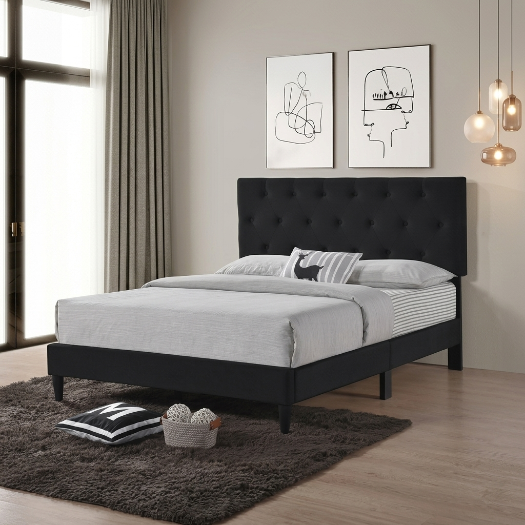 T2106 Velvet Upholstered Platform Bed – Adjustable Headboard, Grey or Black, Full/Queen/King