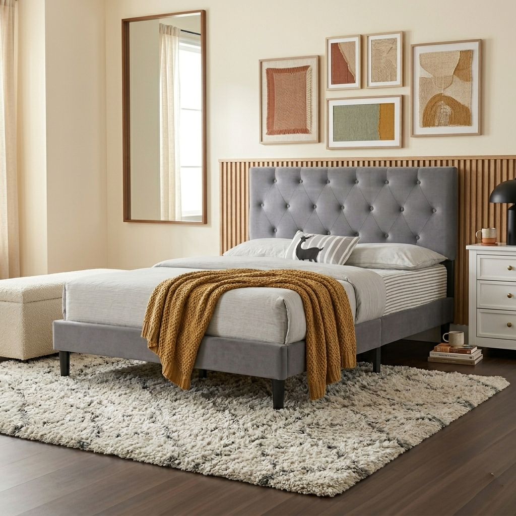 T2106 Velvet Upholstered Platform Bed – Adjustable Headboard, Grey or Black, Full/Queen/King