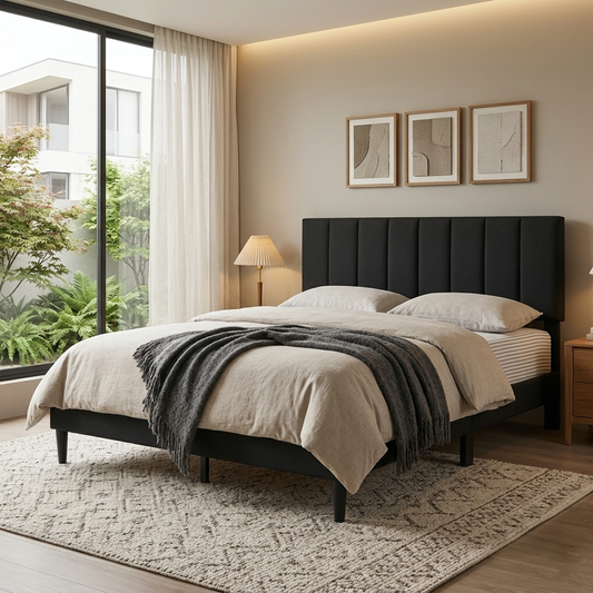 T2107 Upholstered Platform Bed – Black Leatherette or Grey Linen, Adjustable Headboard, Full/Queen/King