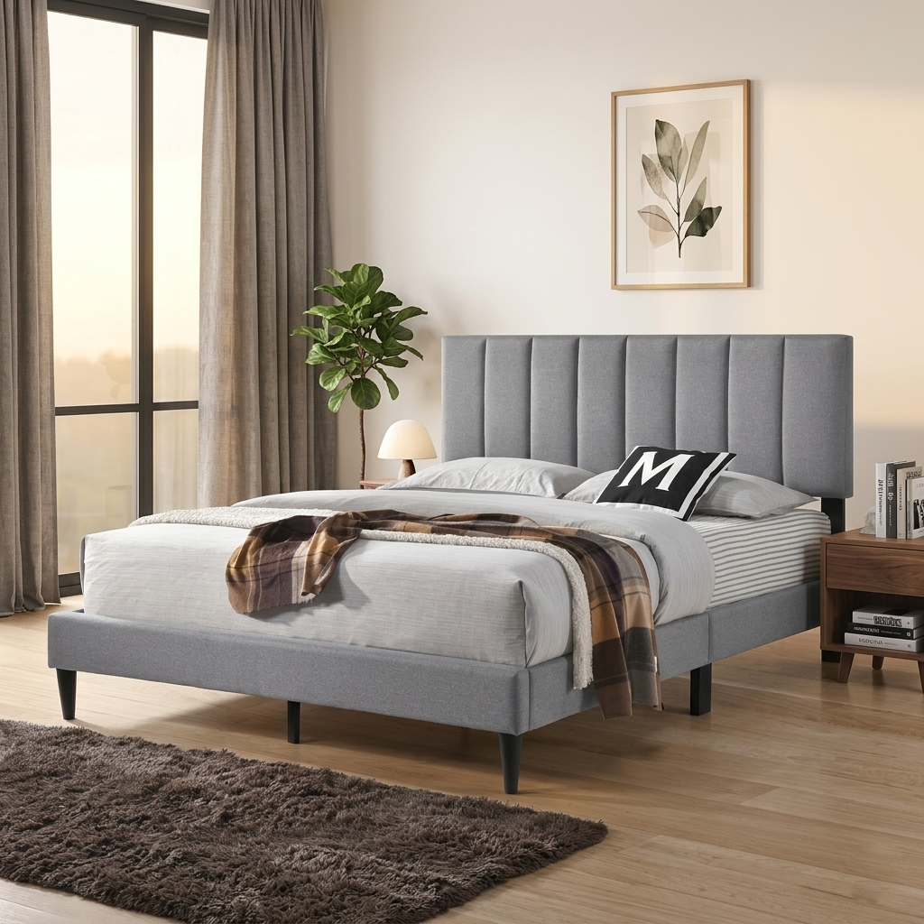 T2107 Upholstered Platform Bed – Black Leatherette or Grey Linen, Adjustable Headboard, Full/Queen/King