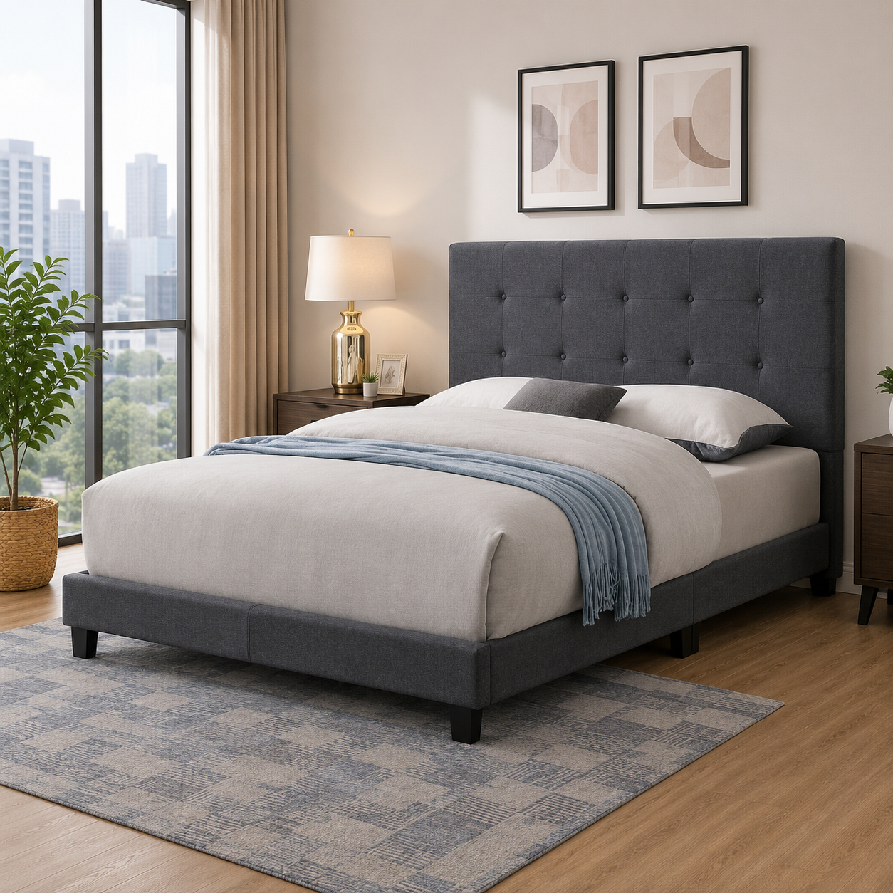T2113 Adjustable Headboard Bed Grey Linen – Bedroom Furniture Canada | FurniturCa