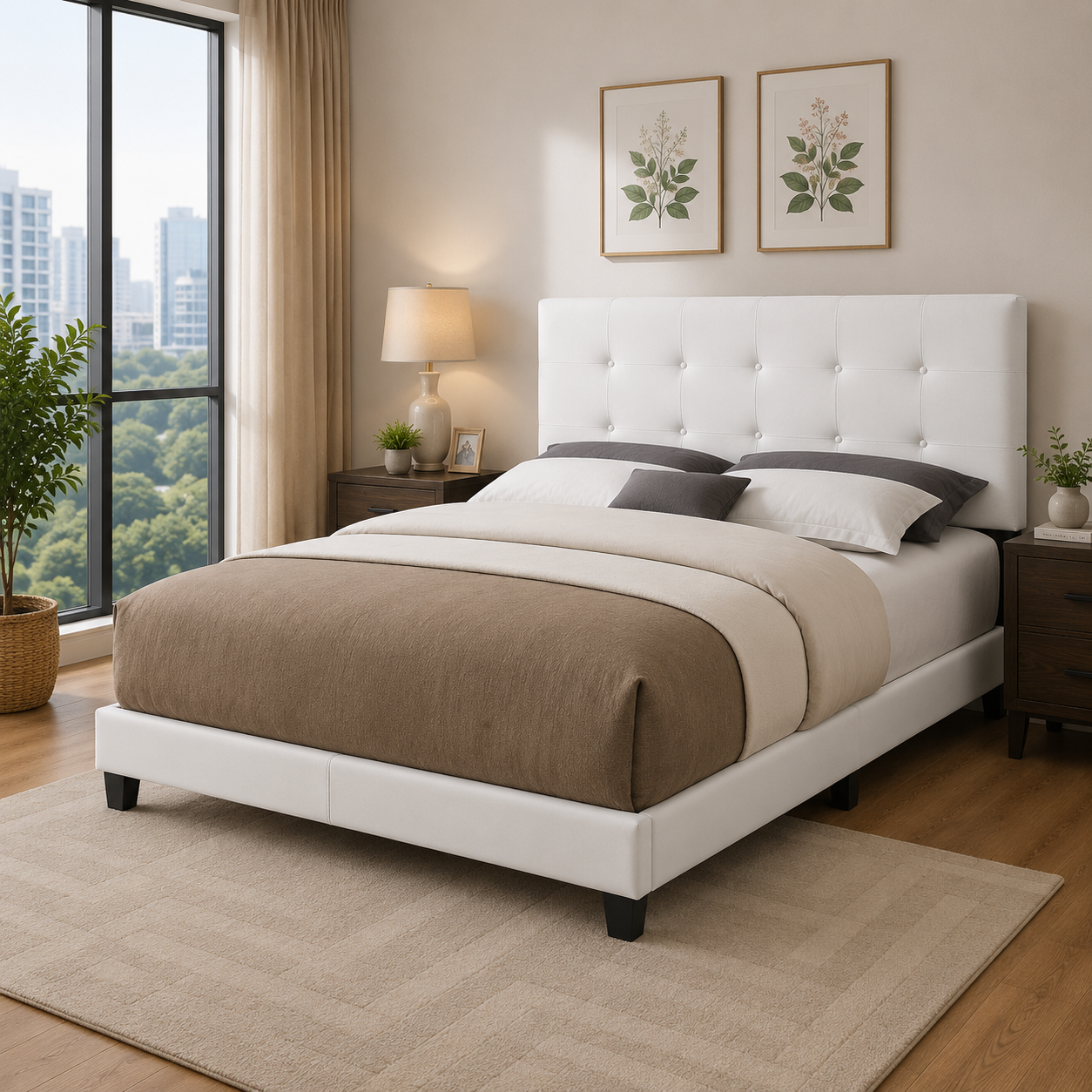 T2113 Adjustable Headboard Bed White Leatherette – FurniturCa Canada