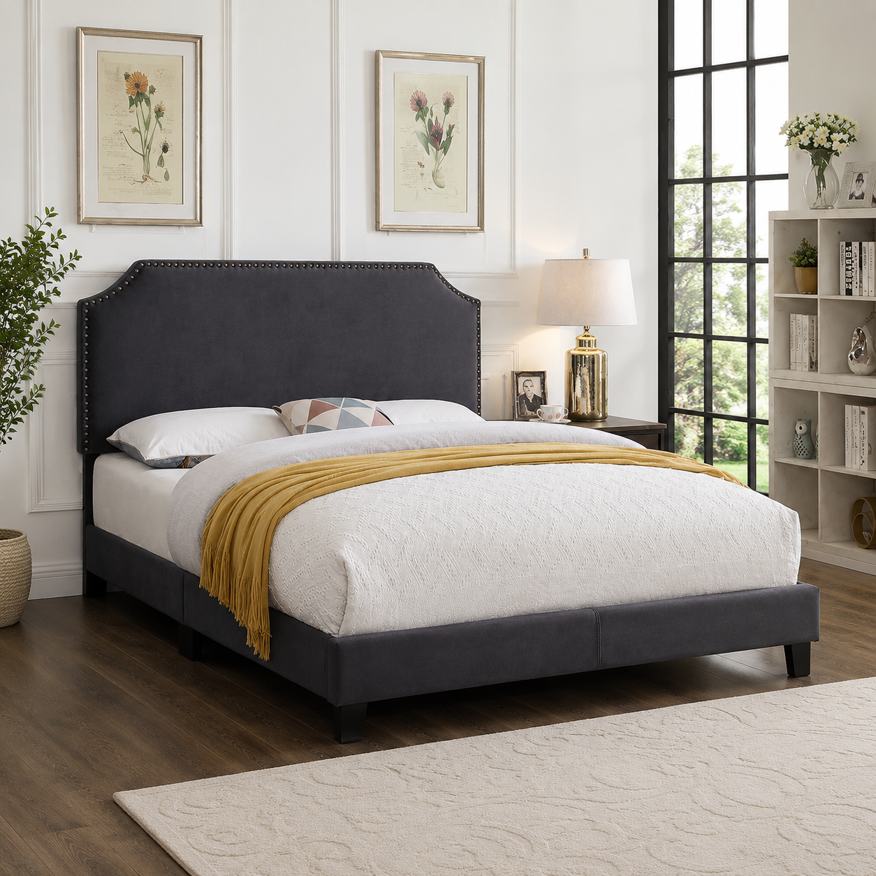 T2116 Adjustable Headboard Bed Charcoal Velvet – Bedroom Furniture Canada | FurniturCa