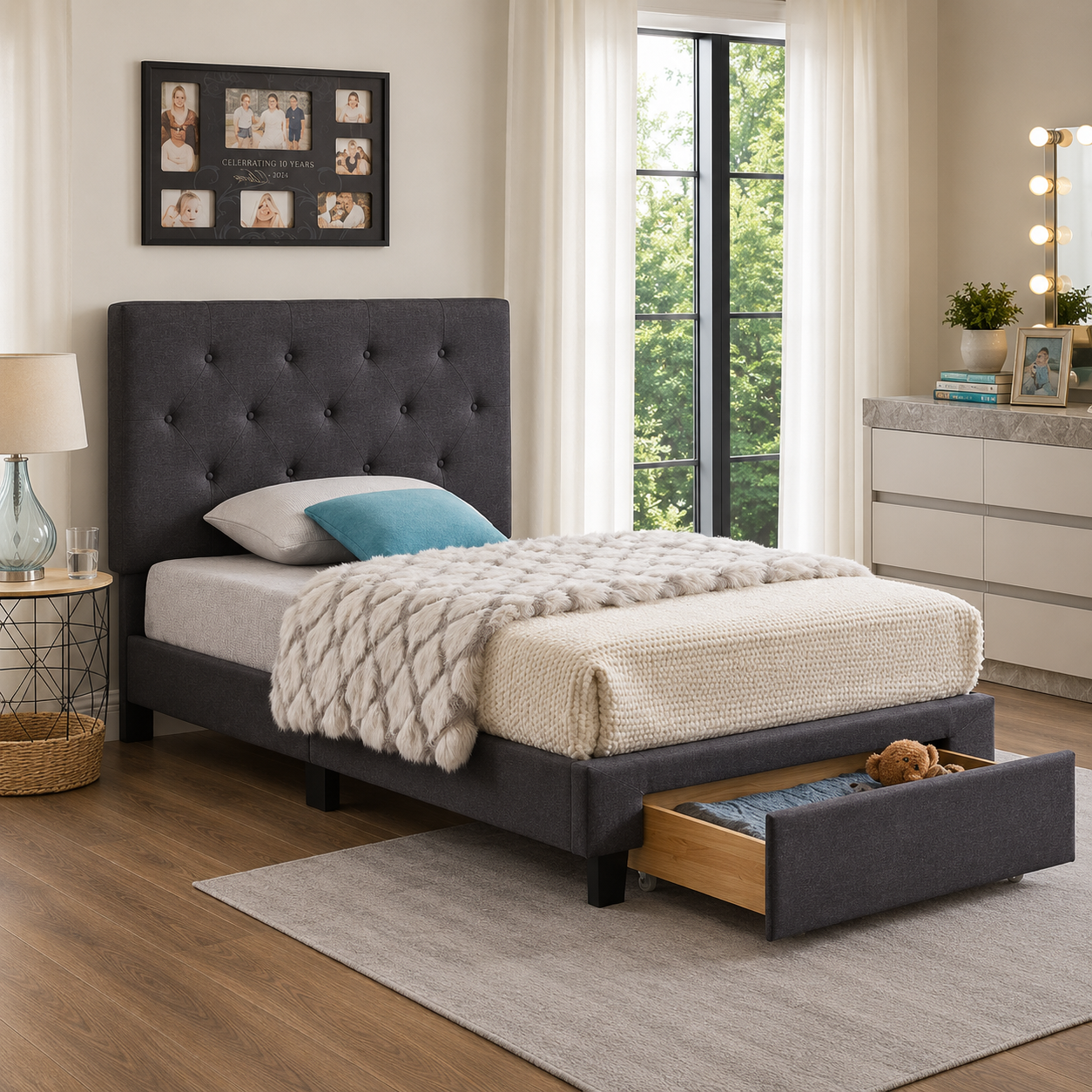 T2125 Platform Storage Bed Charcoal Angle View – FurniturCa Canada