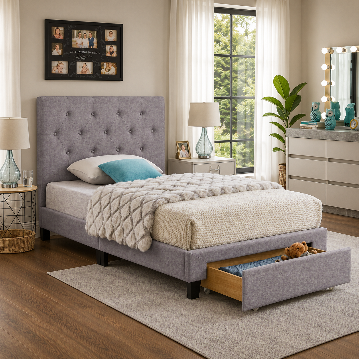 T2125 Platform Storage Bed Grey Angle View – FurniturCa Canada