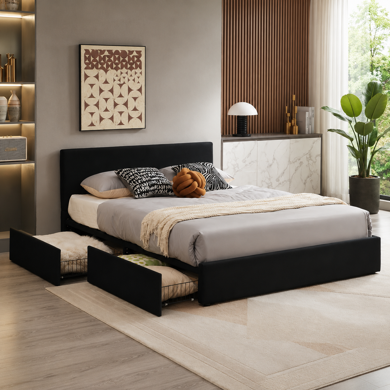 T2128 Velvet Storage Platform Bed – Grey or Black, Full/Queen/King