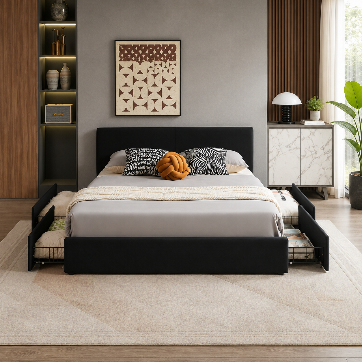 T2128 Velvet Storage Platform Bed – Grey or Black, Full/Queen/King