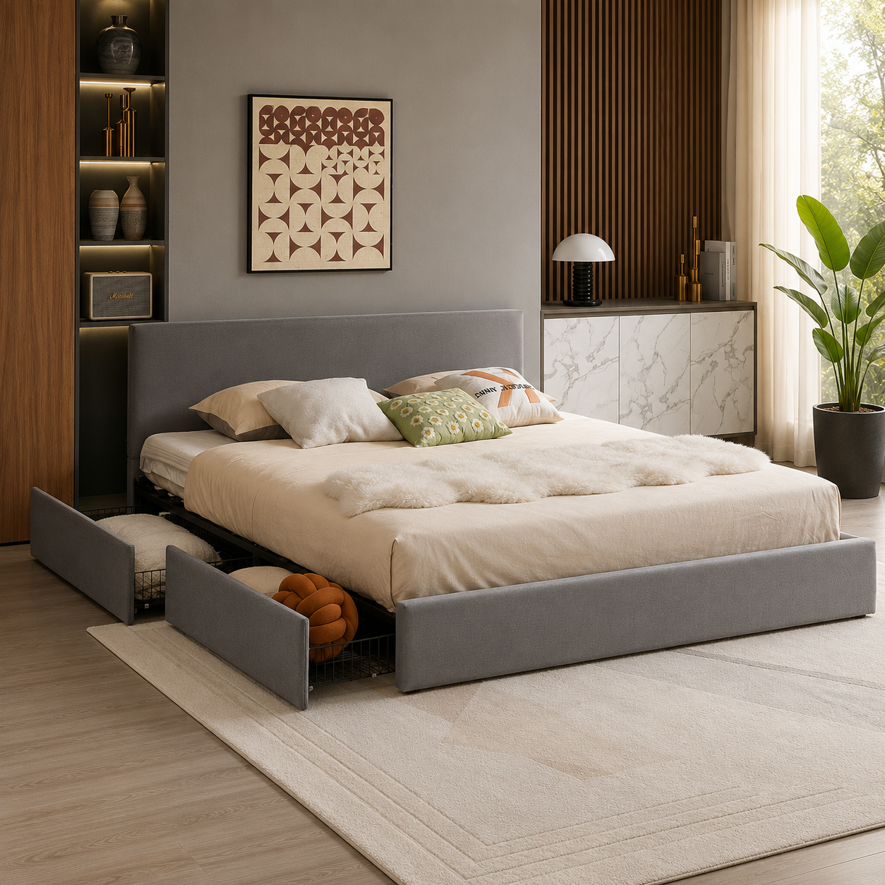 T2128 Velvet Storage Platform Bed – Grey or Black, Full/Queen/King