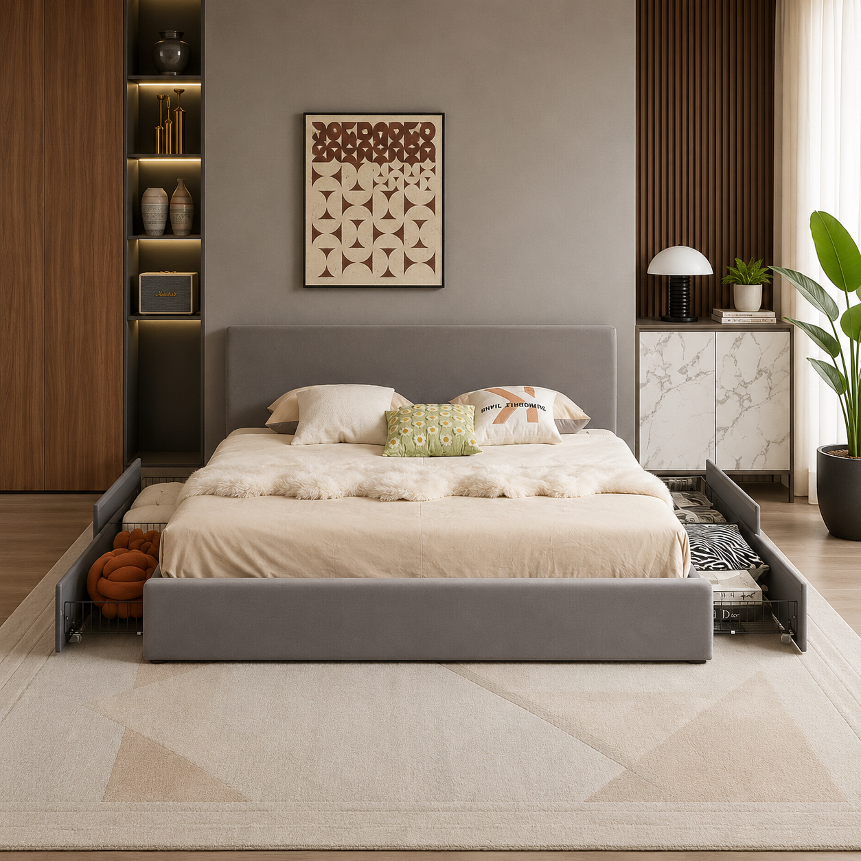 T2128 Velvet Storage Platform Bed – Grey or Black, Full/Queen/King