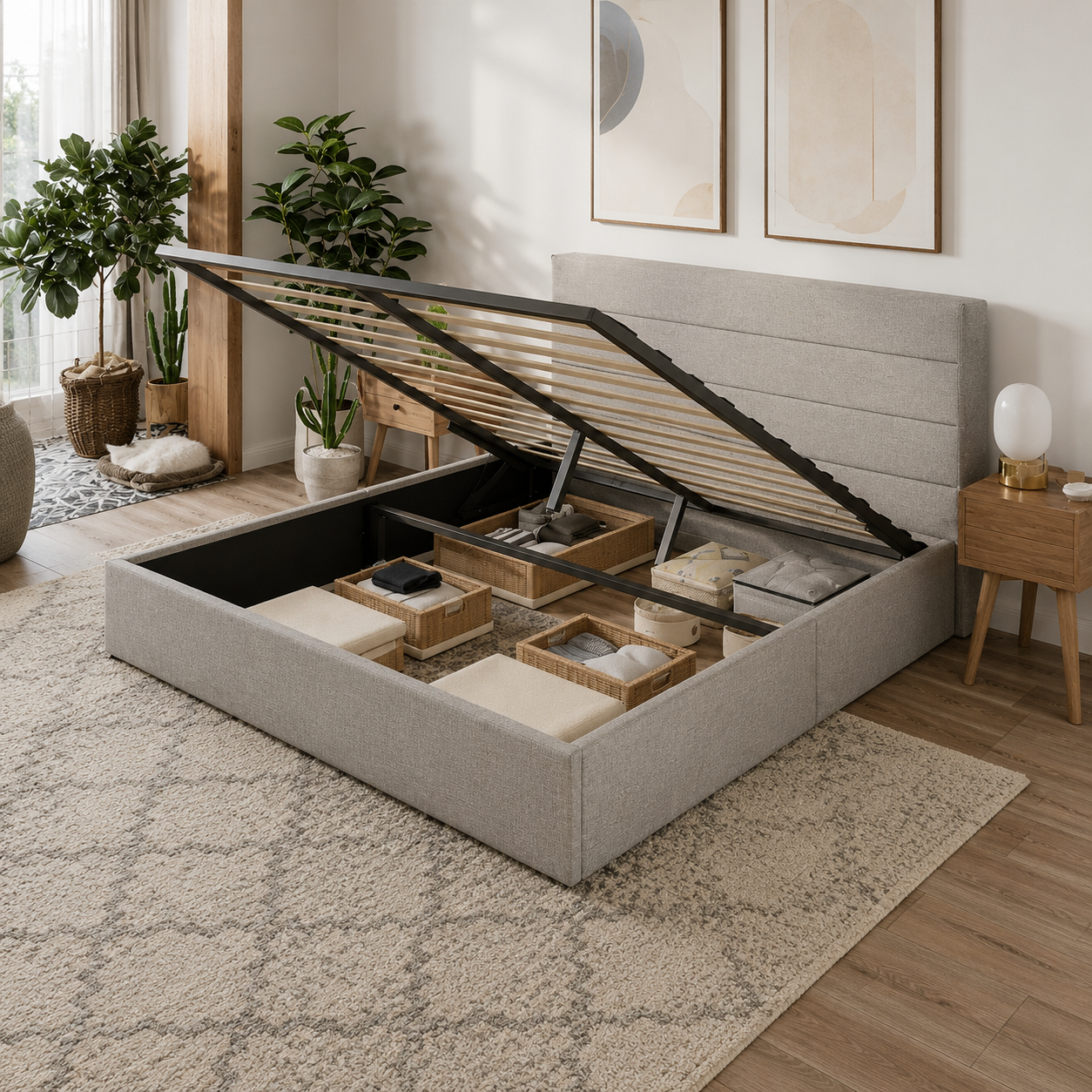 T2160 Platform Bed with Storage Grey Angle View – FurniturCa Canada