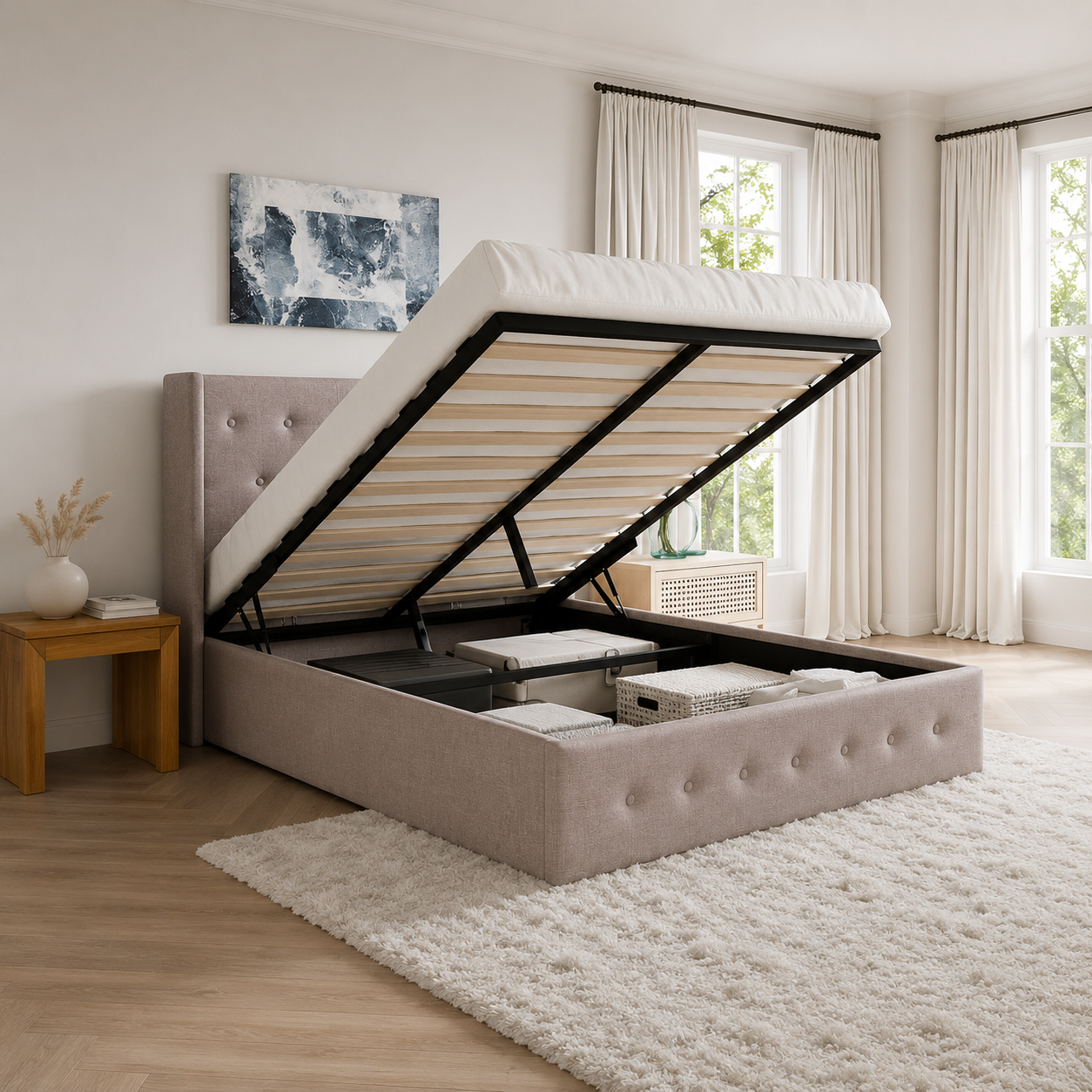 T2162 Storage Bed Grey Linen – Angle View | FurniturCa Canada